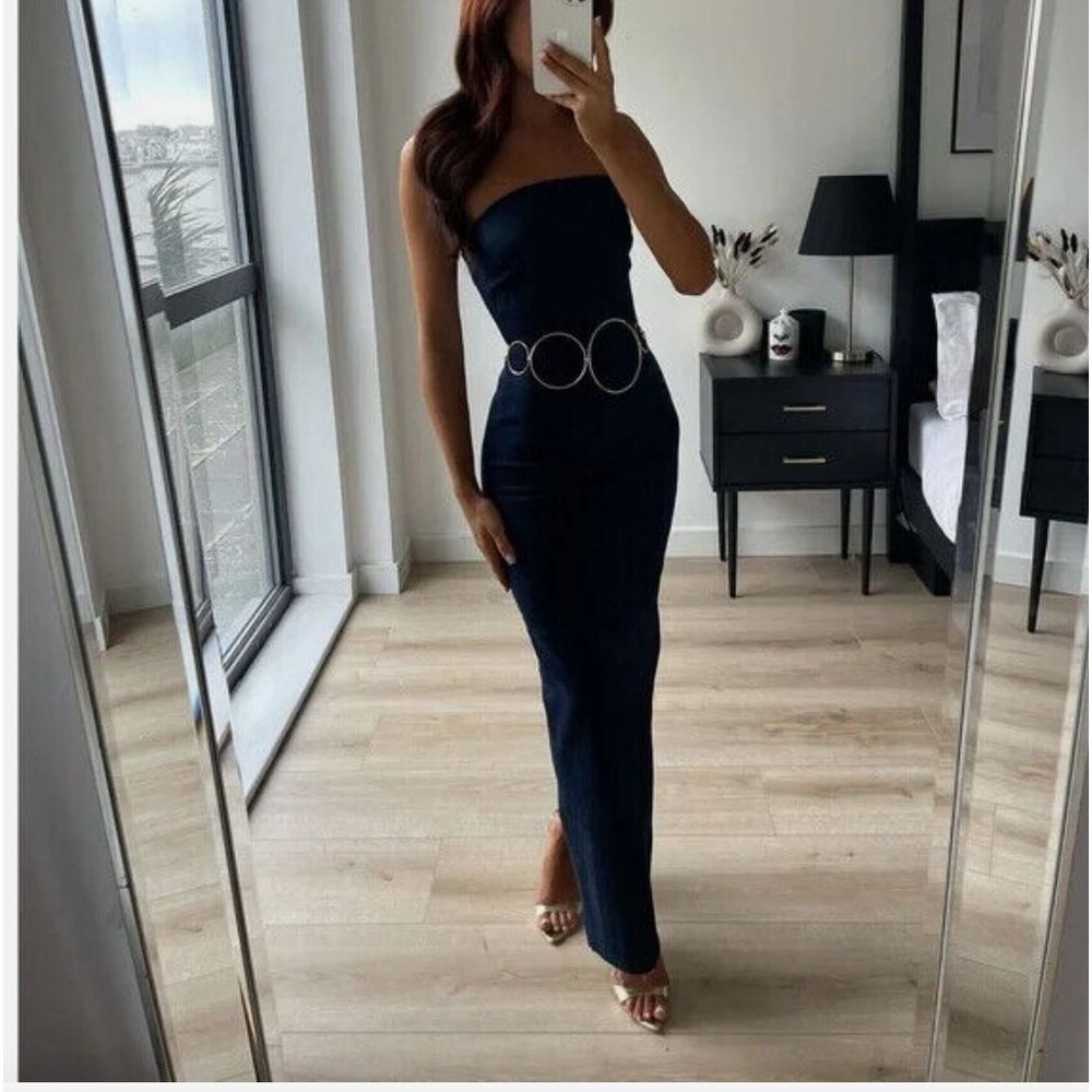 ZARA Dress WOMAN Small Blue MIDI FITTED ZW THE DENIM DRESS FRAYED Stretch NWT